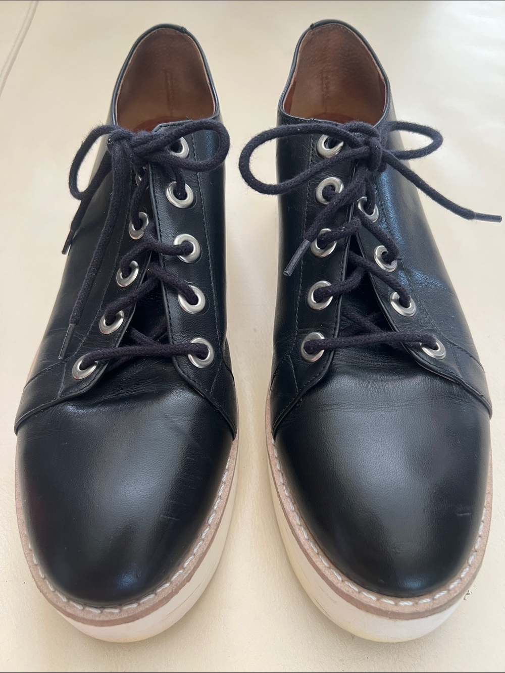Prune Women’s Sz 10 Black Leather Lace-Up Derby Oxfords with White Platform